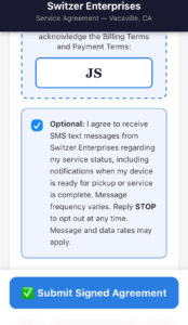 SMS checkbox — checked