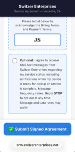 SMS checkbox — unchecked